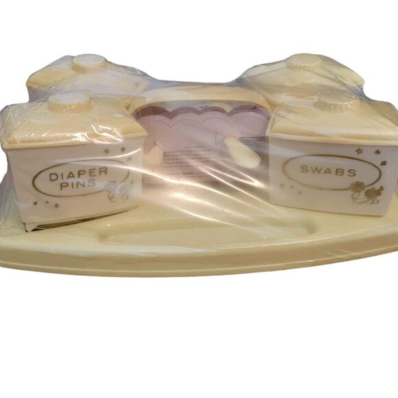 NIP Vintage Sanitoy Nursery Needs No. 1491 Plastic Jar Set with Comb and Brush - Picture 1 of 10